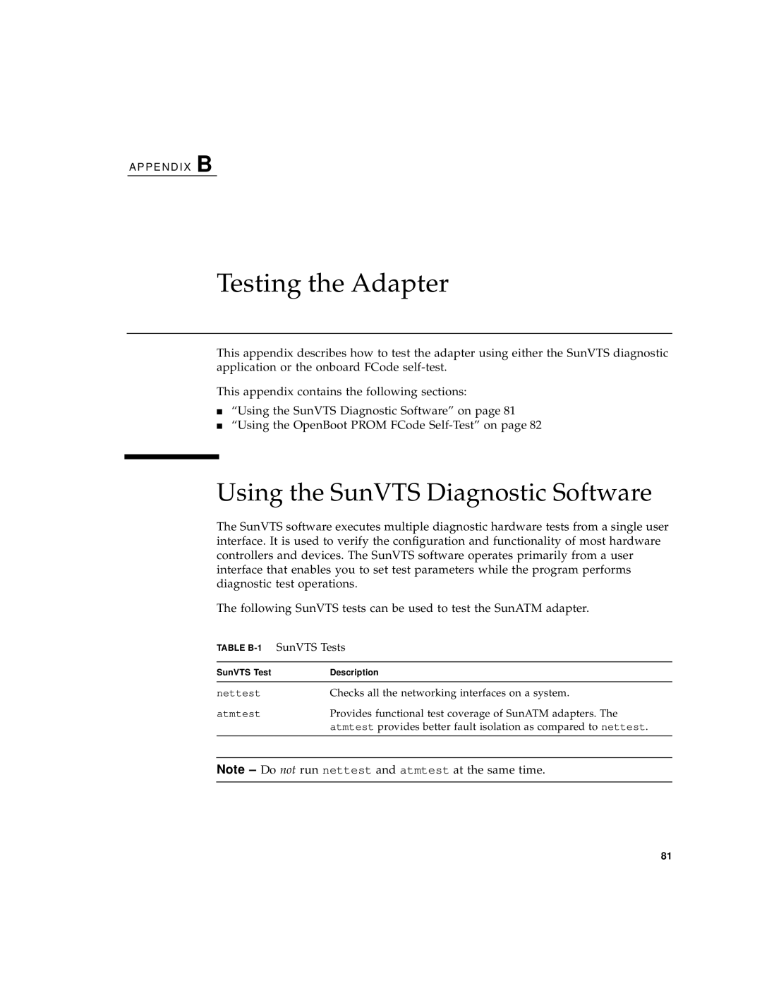 Sun Microsystems 3U manual Testing the Adapter, Using the SunVTS Diagnostic Software, Table B-1SunVTS Tests 