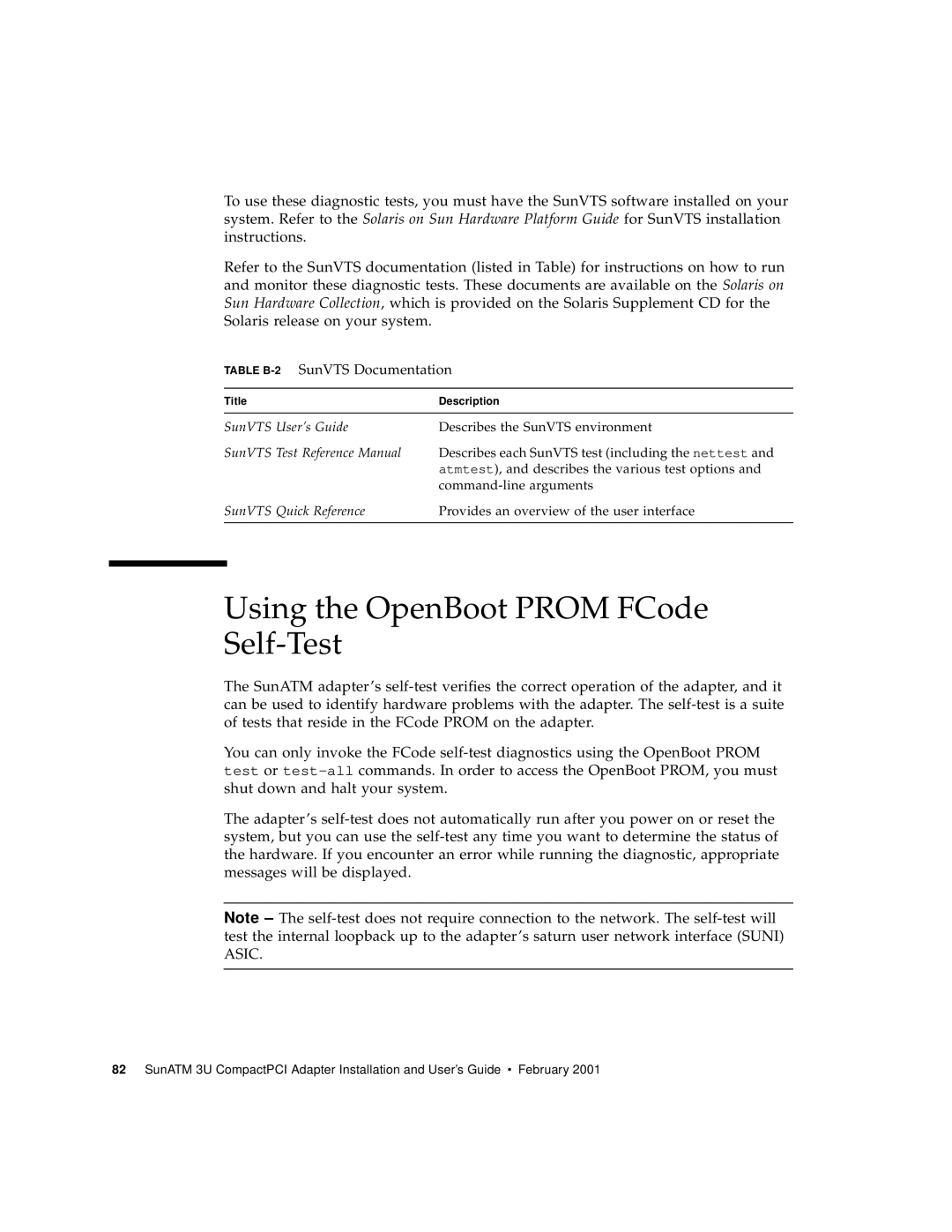 Sun Microsystems 3U manual Using the OpenBoot Prom FCode Self-Test, Table B-2SunVTS Documentation 