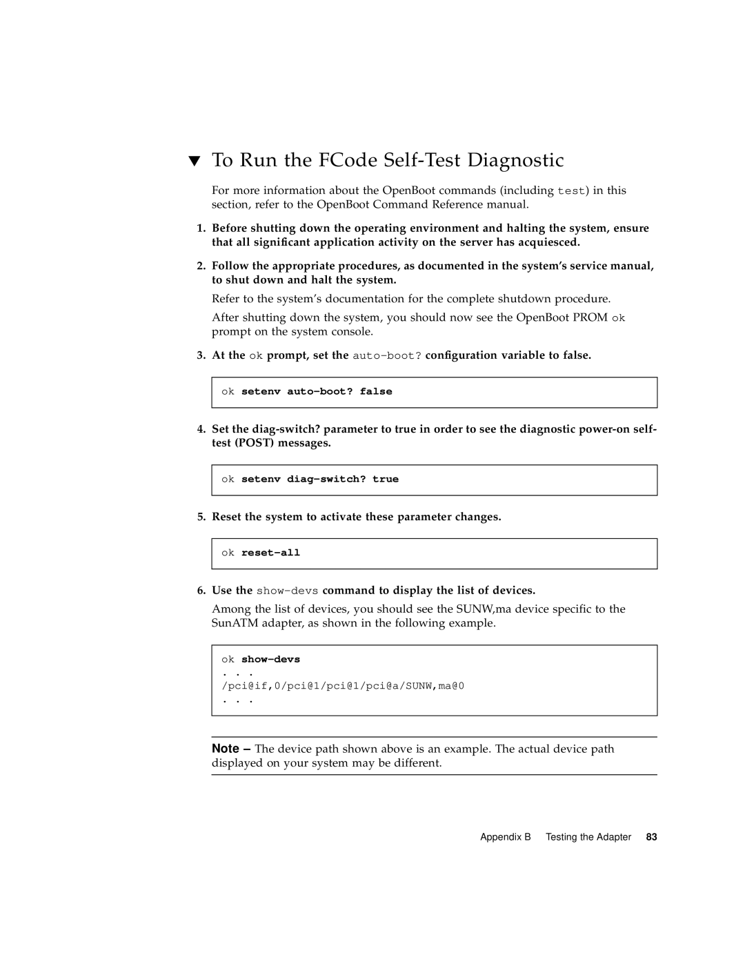 Sun Microsystems 3U manual To Run the FCode Self-Test Diagnostic, Reset the system to activate these parameter changes 