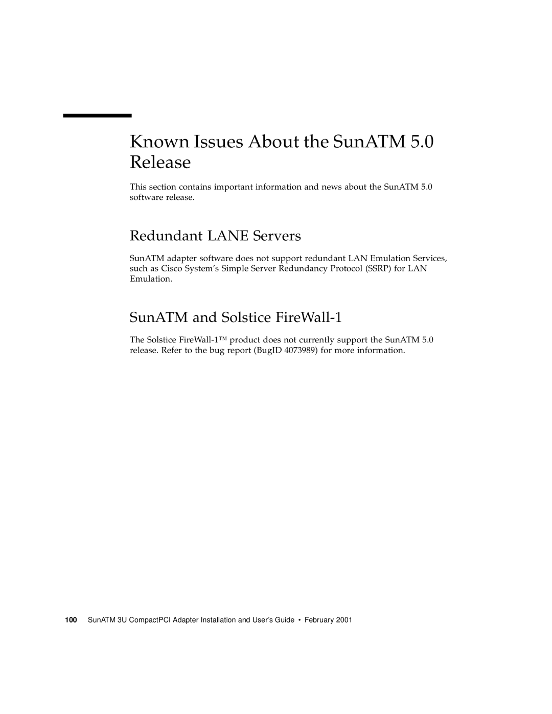 Sun Microsystems 3U Known Issues About the SunATM 5.0 Release, Redundant Lane Servers, SunATM and Solstice FireWall-1 