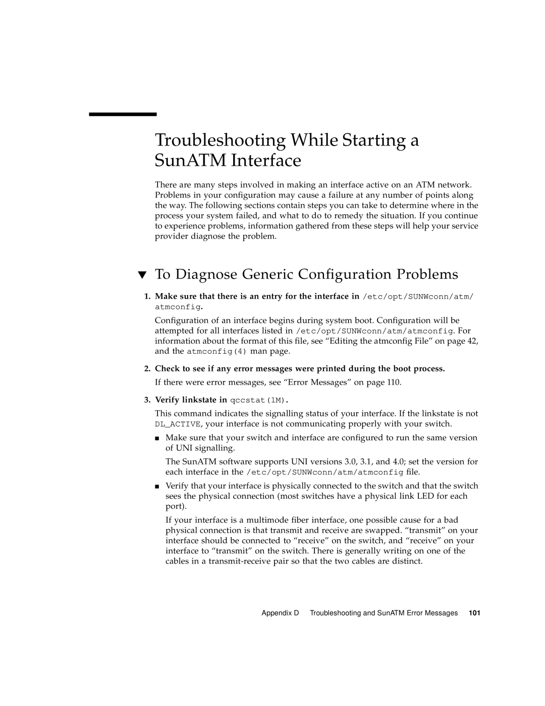 Sun Microsystems 3U manual Troubleshooting While Starting a SunATM Interface, To Diagnose Generic Configuration Problems 