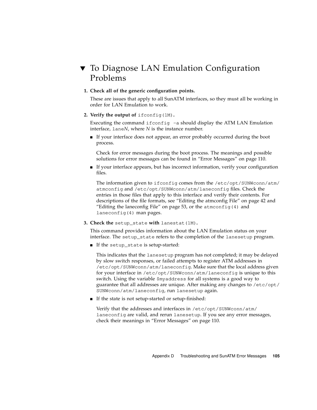 Sun Microsystems 3U manual To Diagnose LAN Emulation Configuration Problems, Check all of the generic configuration points 