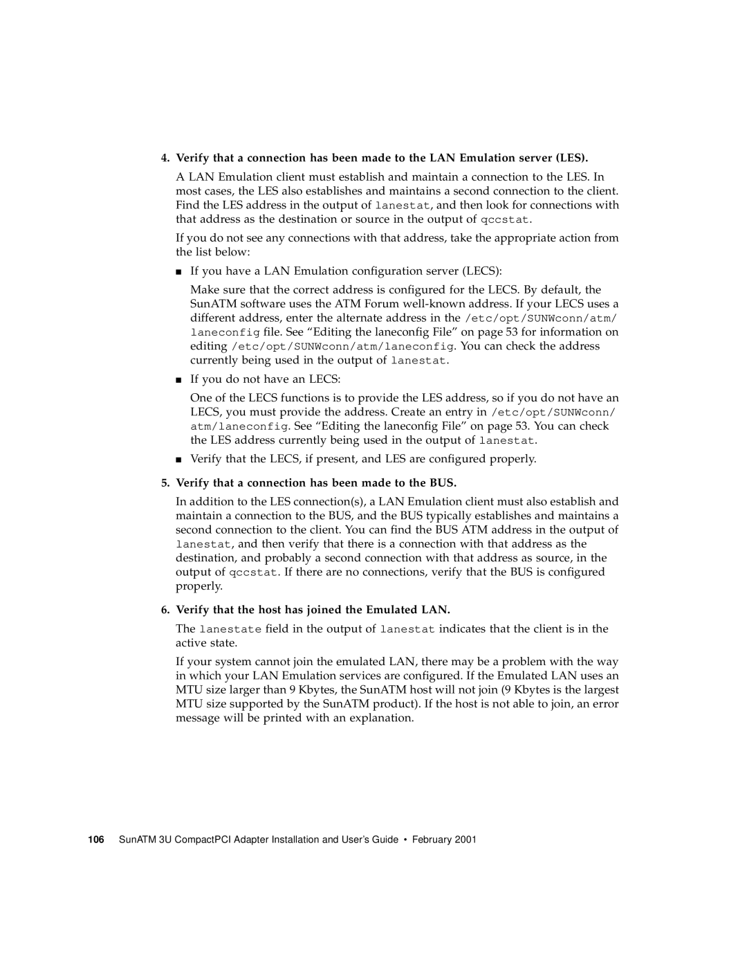 Sun Microsystems 3U Verify that a connection has been made to the BUS, Verify that the host has joined the Emulated LAN 