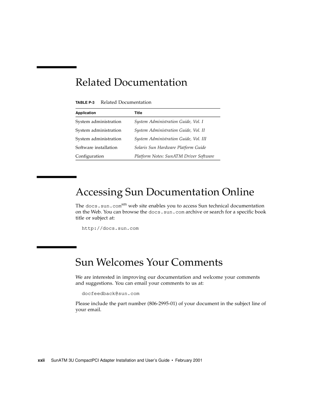 Sun Microsystems 3U manual Related Documentation, Accessing Sun Documentation Online, Sun Welcomes Your Comments 