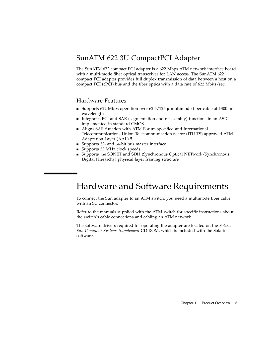 Sun Microsystems manual Hardware and Software Requirements, SunATM 622 3U CompactPCI Adapter 