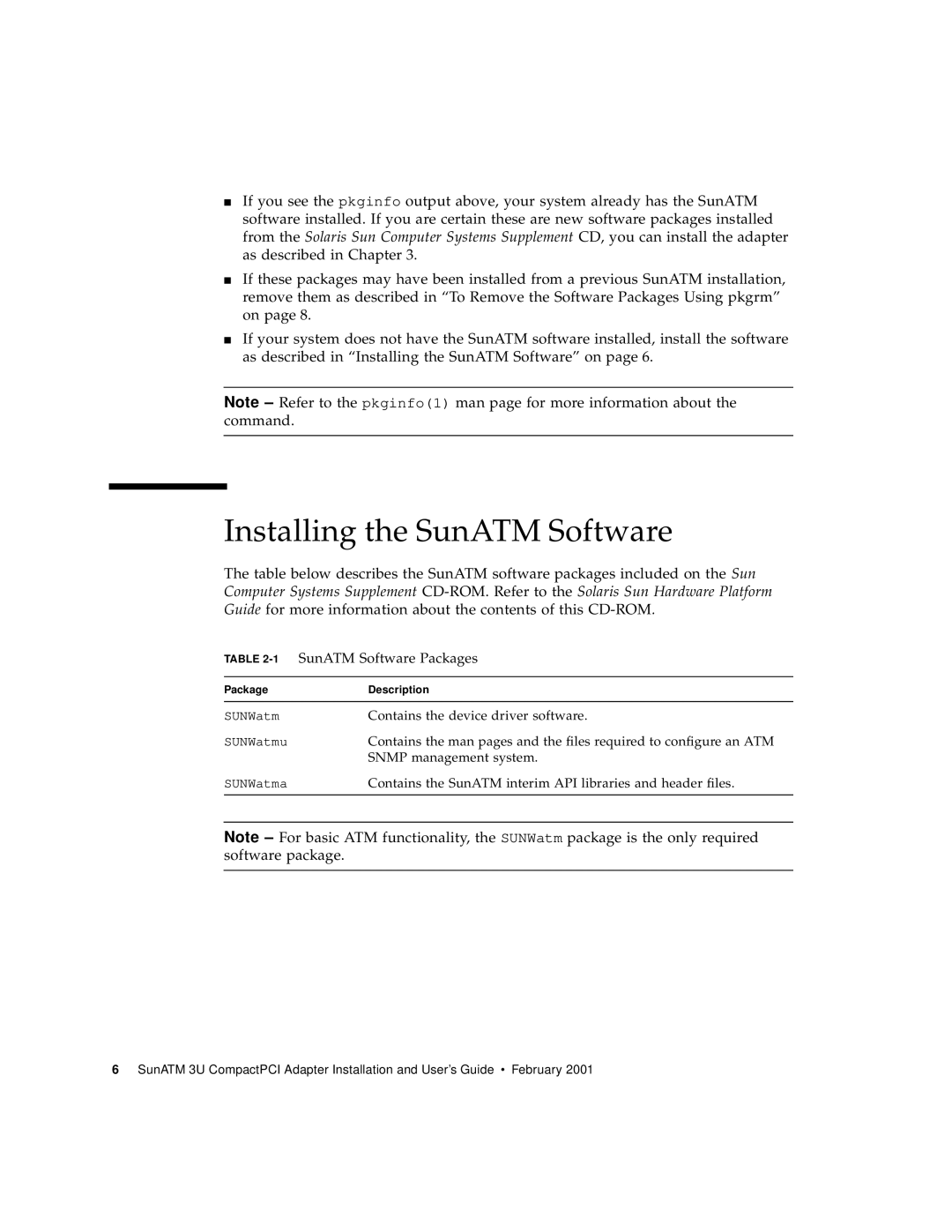 Sun Microsystems 3U manual Installing the SunATM Software, 1SunATM Software Packages 