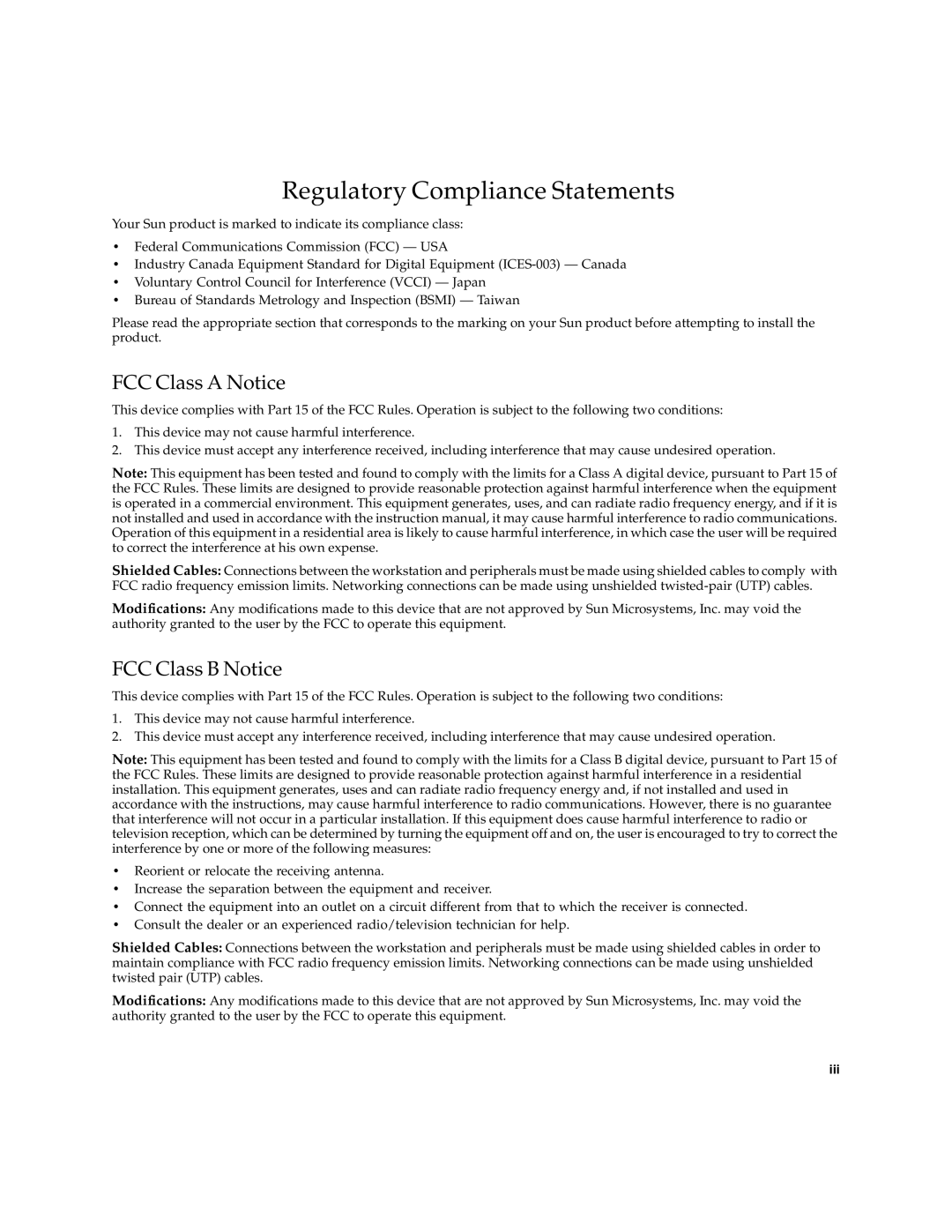 Sun Microsystems 3U manual Regulatory Compliance Statements, FCC Class a Notice, FCC Class B Notice 