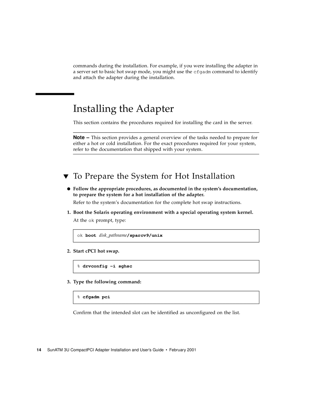 Sun Microsystems 3U manual Installing the Adapter, To Prepare the System for Hot Installation, Start cPCI hot swap 