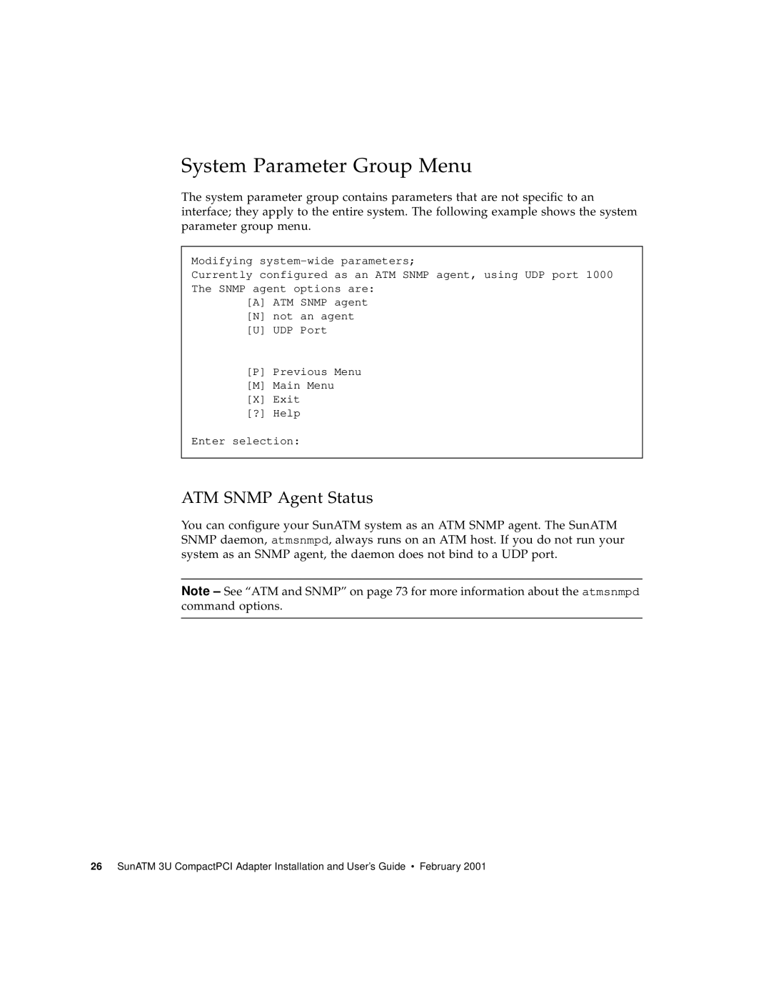 Sun Microsystems 3U manual System Parameter Group Menu, ATM Snmp Agent Status 