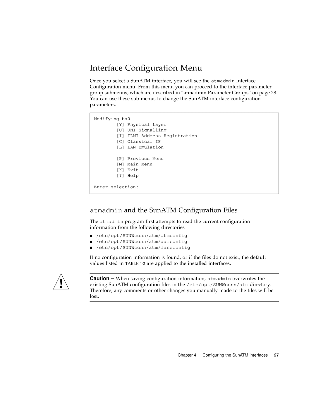 Sun Microsystems 3U manual Interface Configuration Menu, Atmadmin and the SunATM Configuration Files 