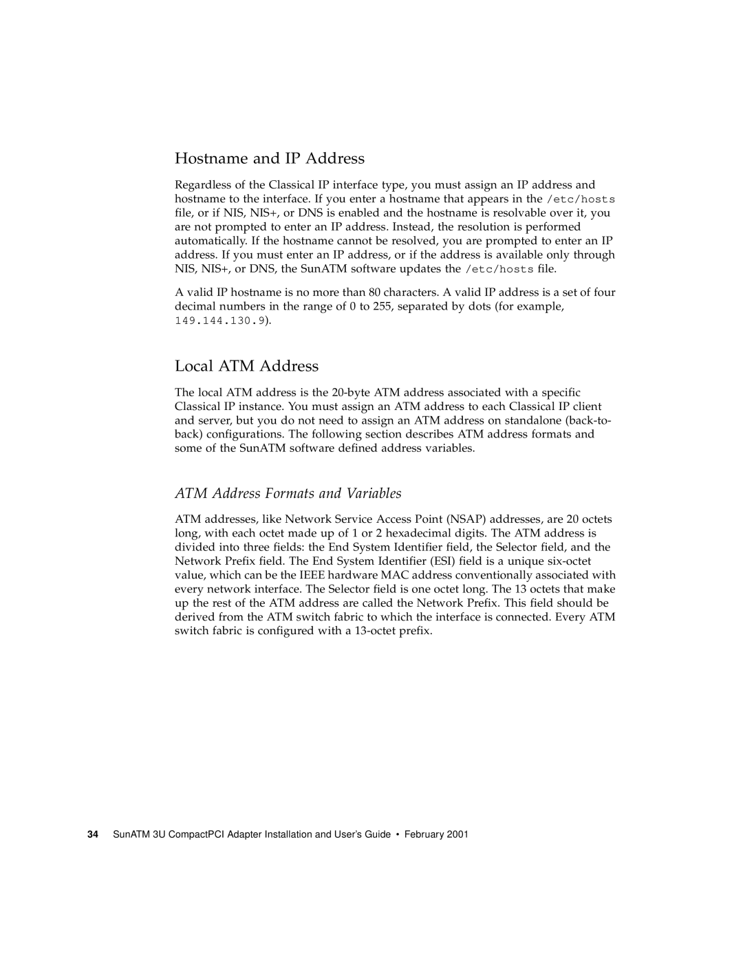 Sun Microsystems 3U manual Hostname and IP Address, Local ATM Address 