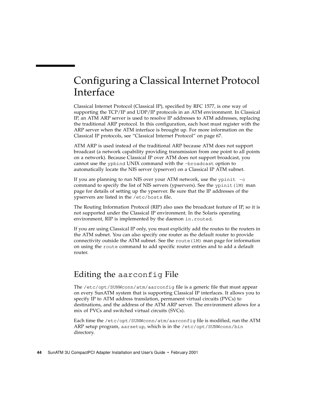 Sun Microsystems 3U manual Configuring a Classical Internet Protocol Interface, Editing the aarconfig File 