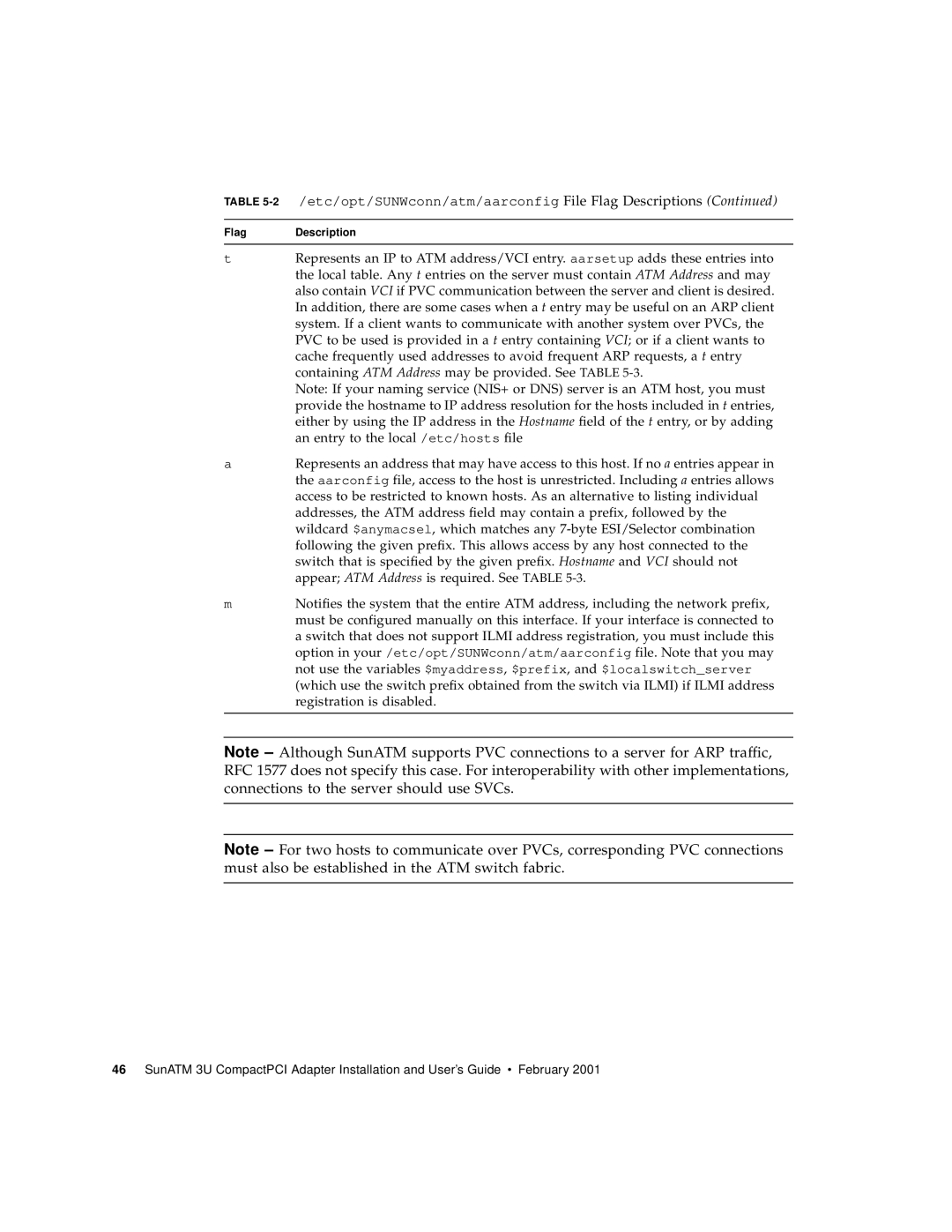 Sun Microsystems 3U manual Etc/opt/SUNWconn/atm/aarconfig File Flag Descriptions 