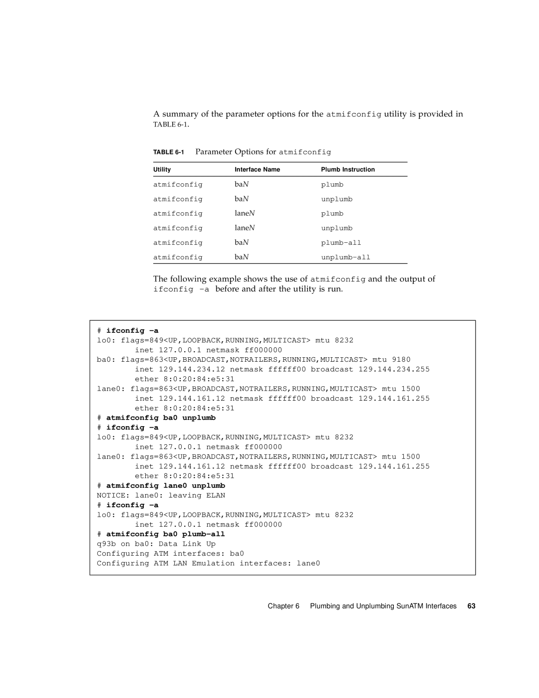 Sun Microsystems 3U manual 1Parameter Options for atmifconfig, # atmifconfig ba0 unplumb # ifconfig -a 