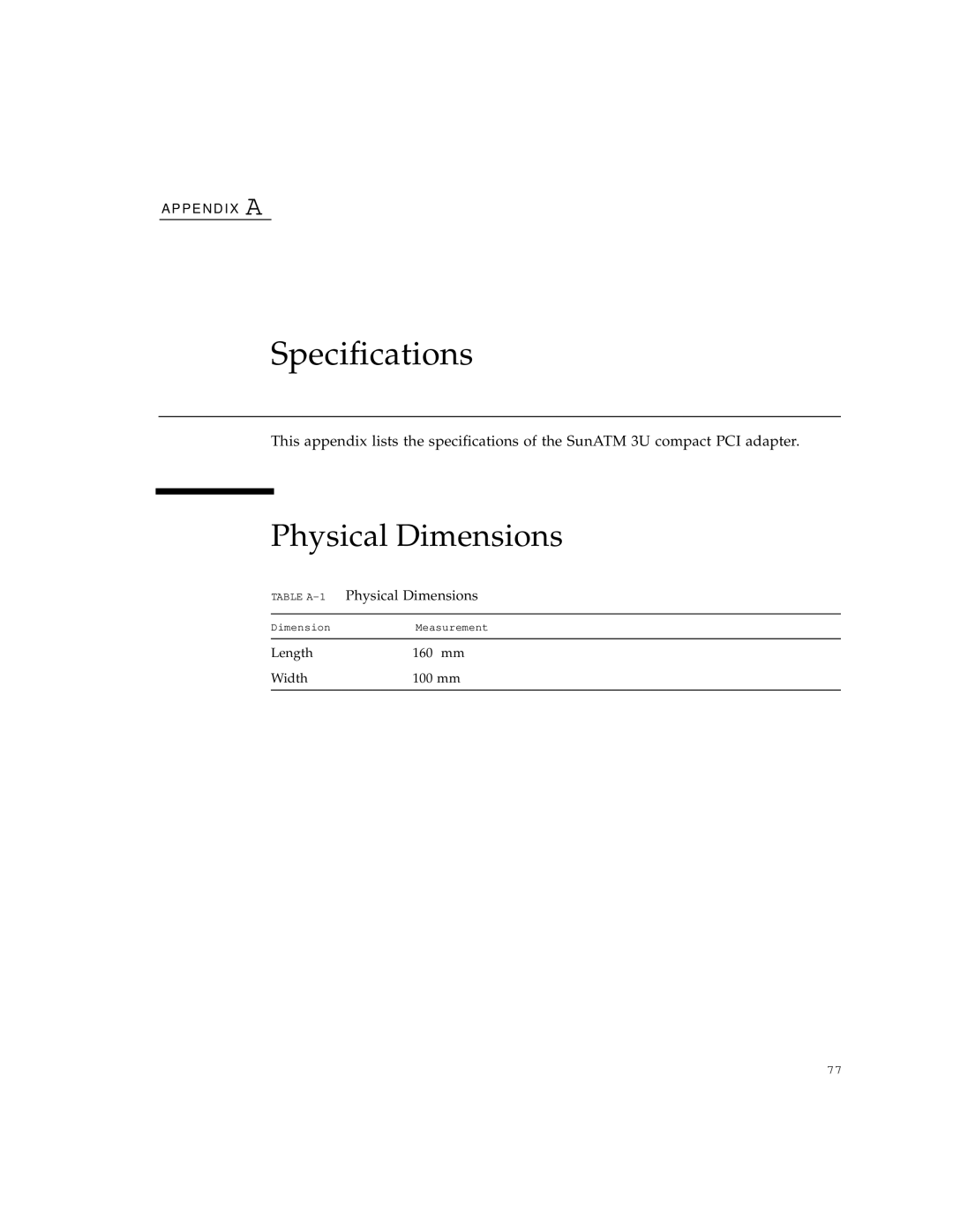 Sun Microsystems 3U manual Specifications, Physical Dimensions 