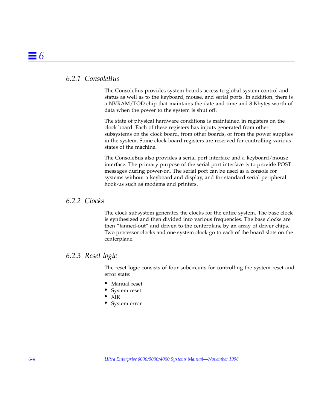 Sun Microsystems 6000, 4000, 5000 manual ConsoleBus, Clocks, Reset logic 