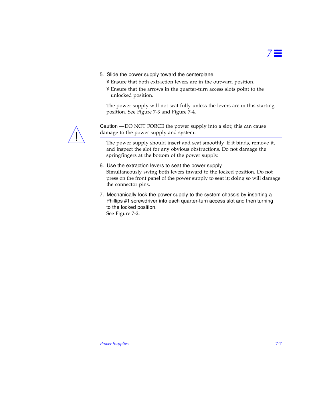 Sun Microsystems 5000 Slide the power supply toward the centerplane, Use the extraction levers to seat the power supply 