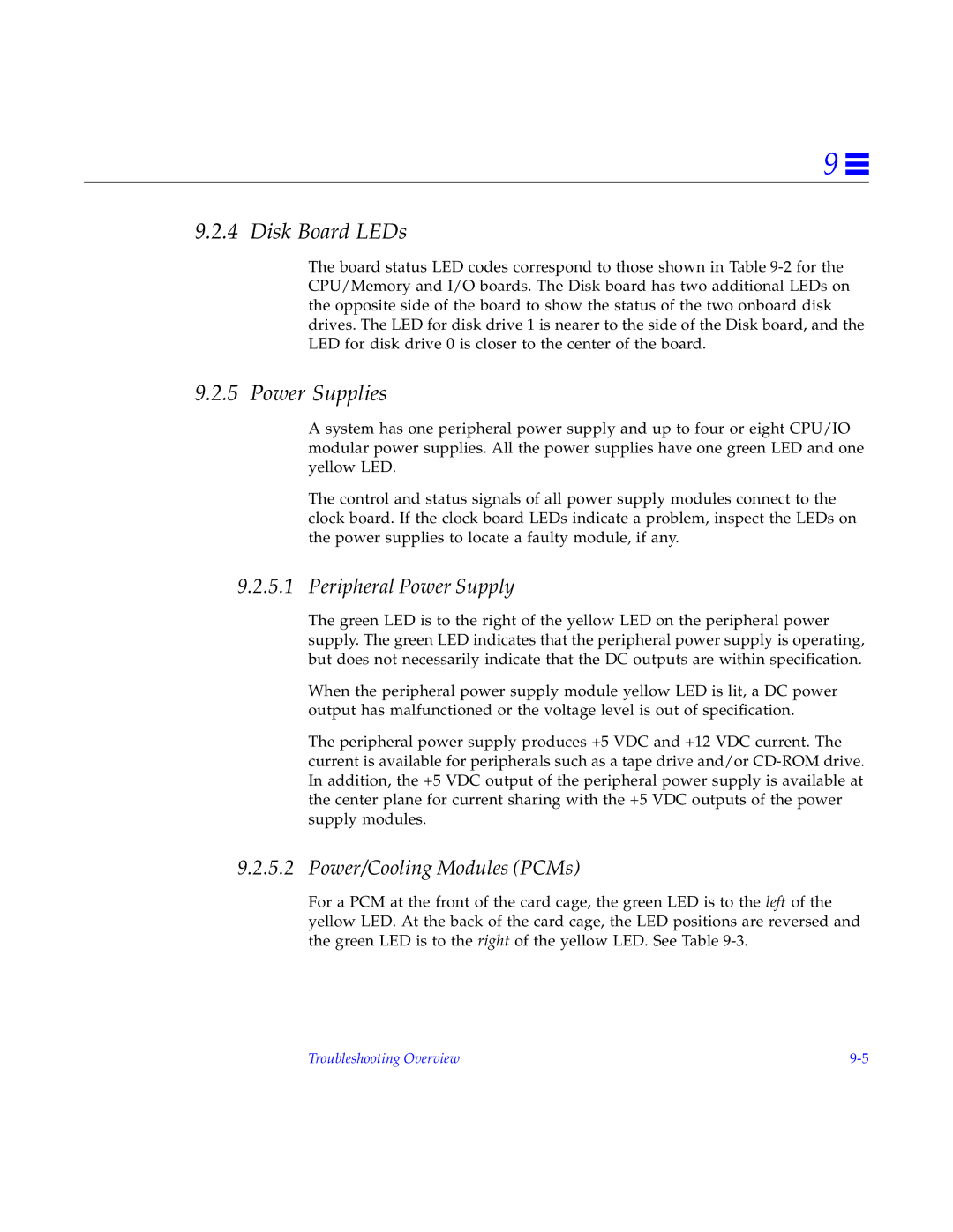 Sun Microsystems 4000, 5000, 6000 manual Disk Board LEDs, Power Supplies, Peripheral Power Supply, Power/Cooling Modules PCMs 