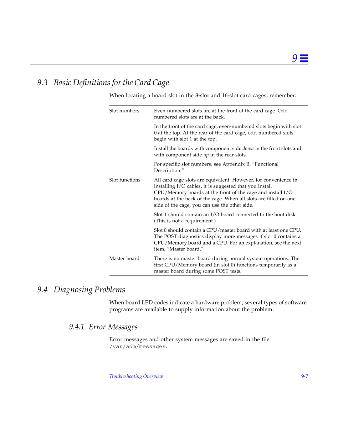 Sun Microsystems 6000, 4000, 5000 manual Basic Deﬁnitions for the Card Cage, Diagnosing Problems, Error Messages 