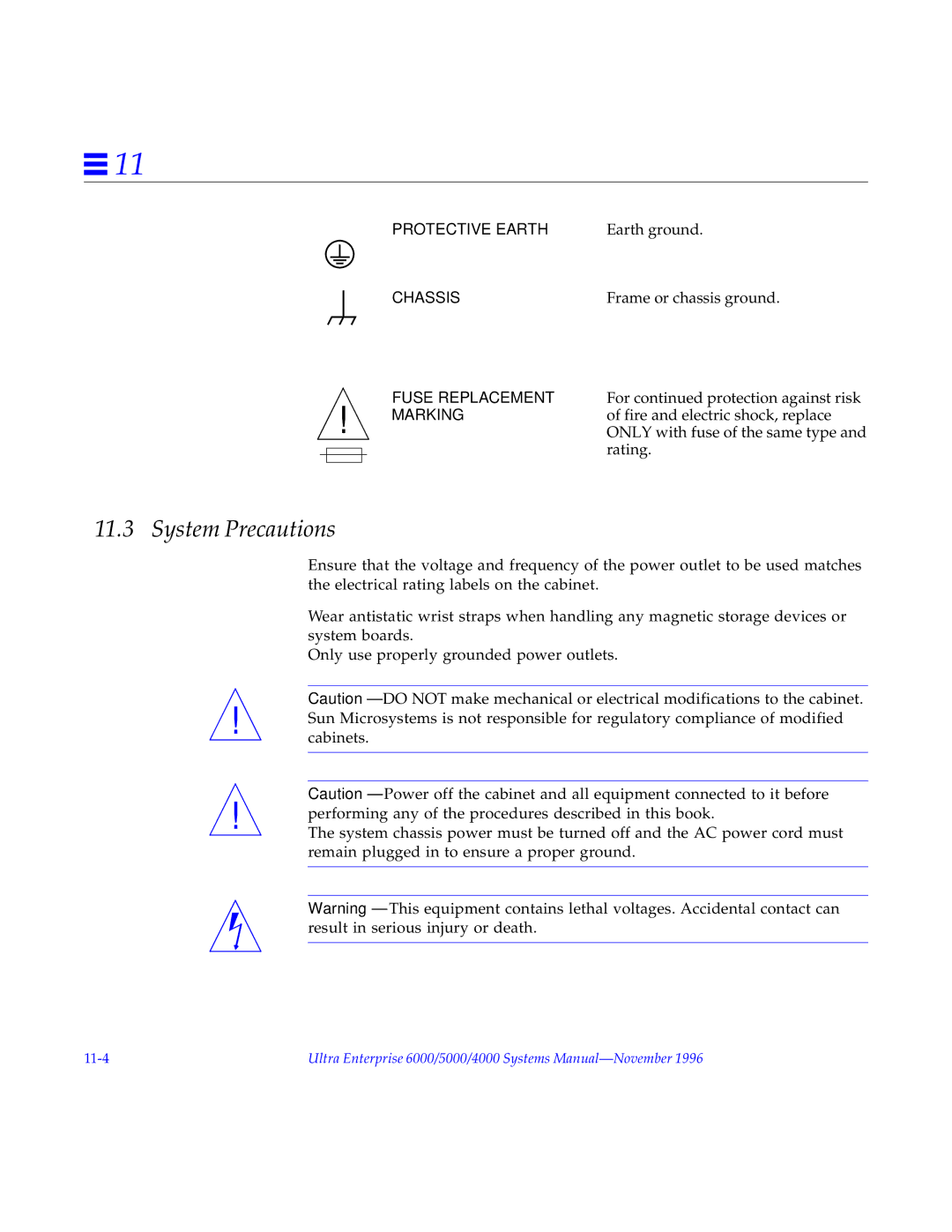 Sun Microsystems 5000, 4000, 6000 manual System Precautions, Earth ground, Frame or chassis ground 