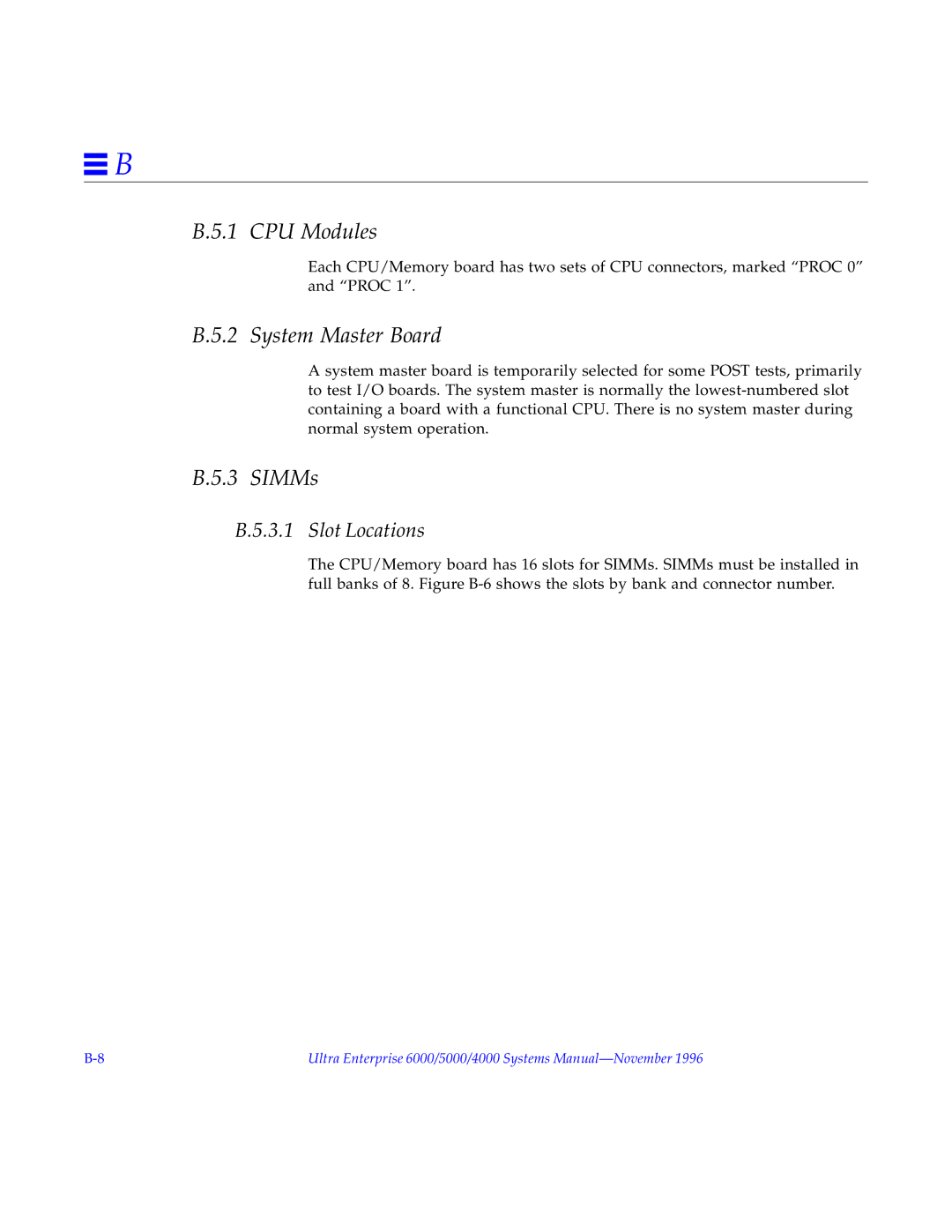 Sun Microsystems 5000, 4000, 6000 manual CPU Modules, System Master Board, SIMMs, Slot Locations 