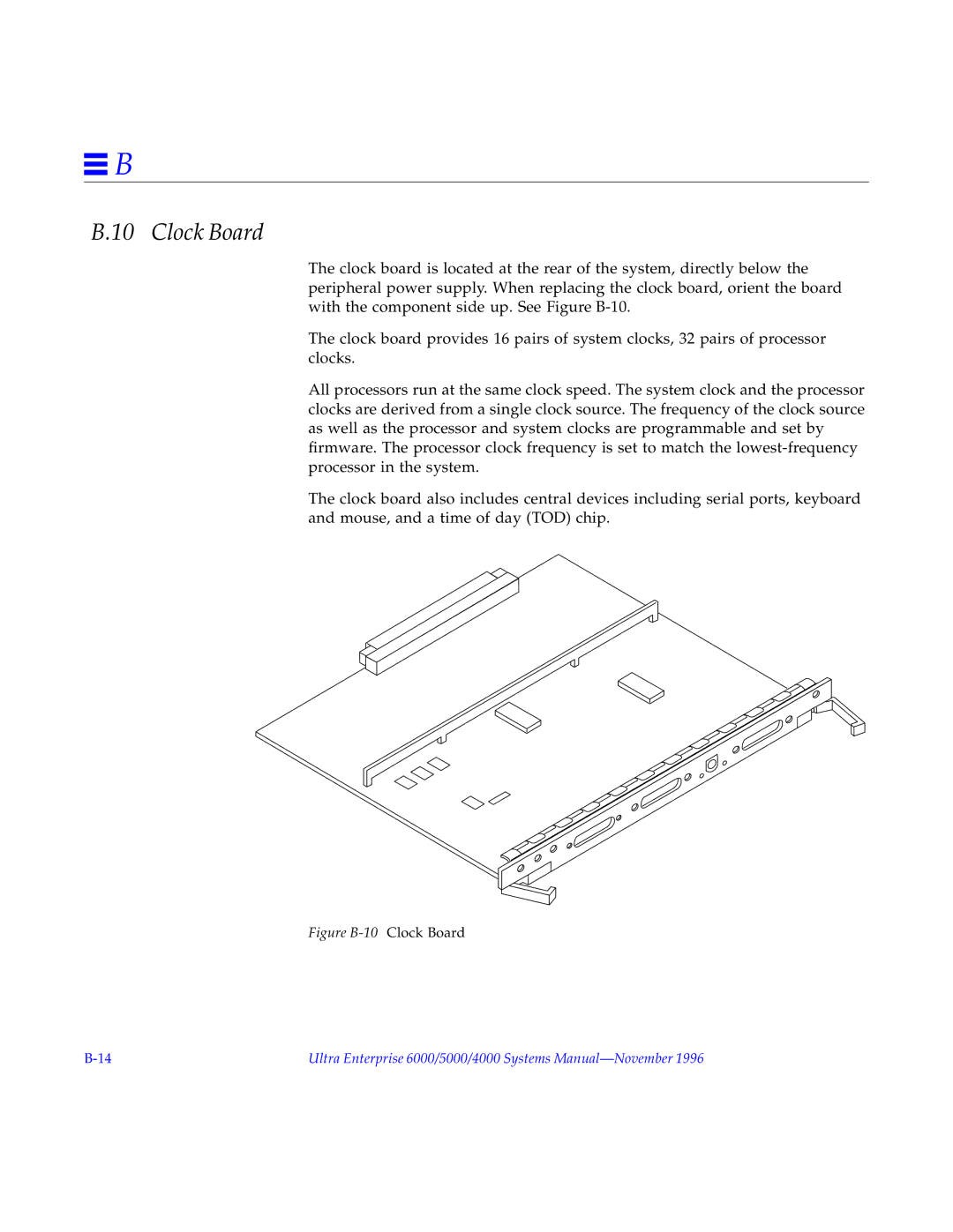 Sun Microsystems 5000, 4000, 6000 manual Figure B-10 Clock Board 