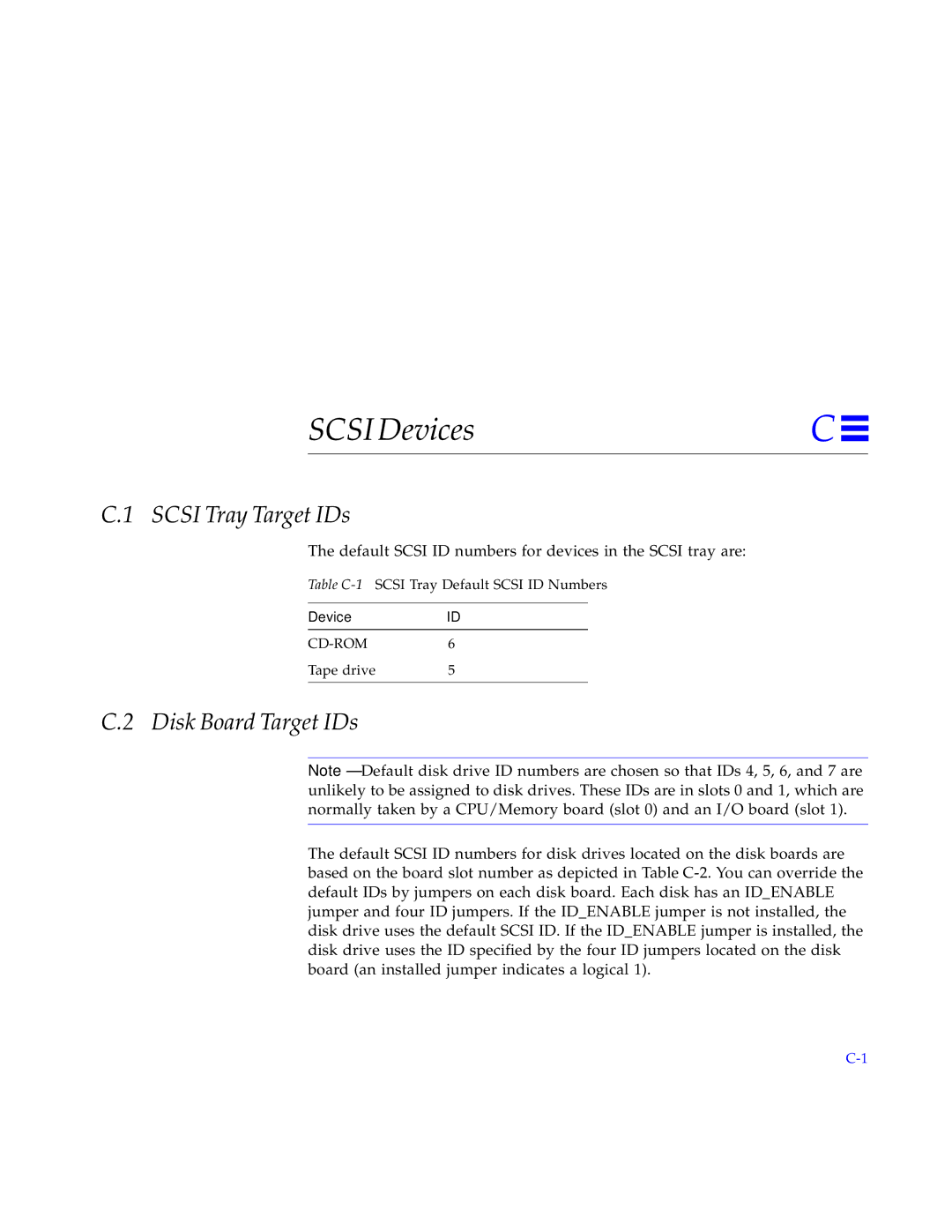 Sun Microsystems 5000, 4000, 6000 manual Scsi Devices, Scsi Tray Target IDs, Disk Board Target IDs 