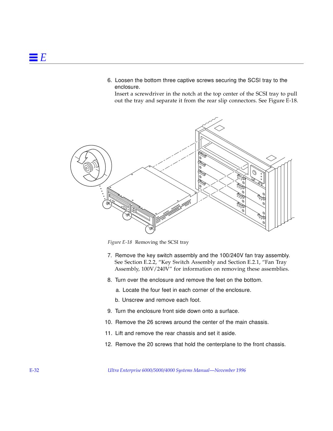 Sun Microsystems 5000, 4000, 6000 manual Figure E-18Removing the Scsi tray 