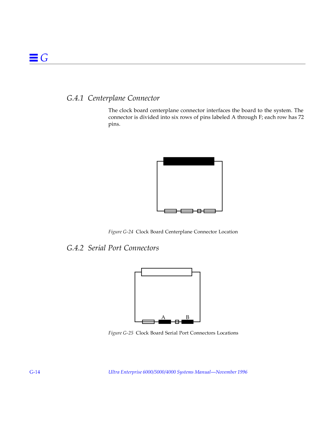 Sun Microsystems 5000, 4000, 6000 manual Serial Port Connectors, Figure G-24Clock Board Centerplane Connector Location 