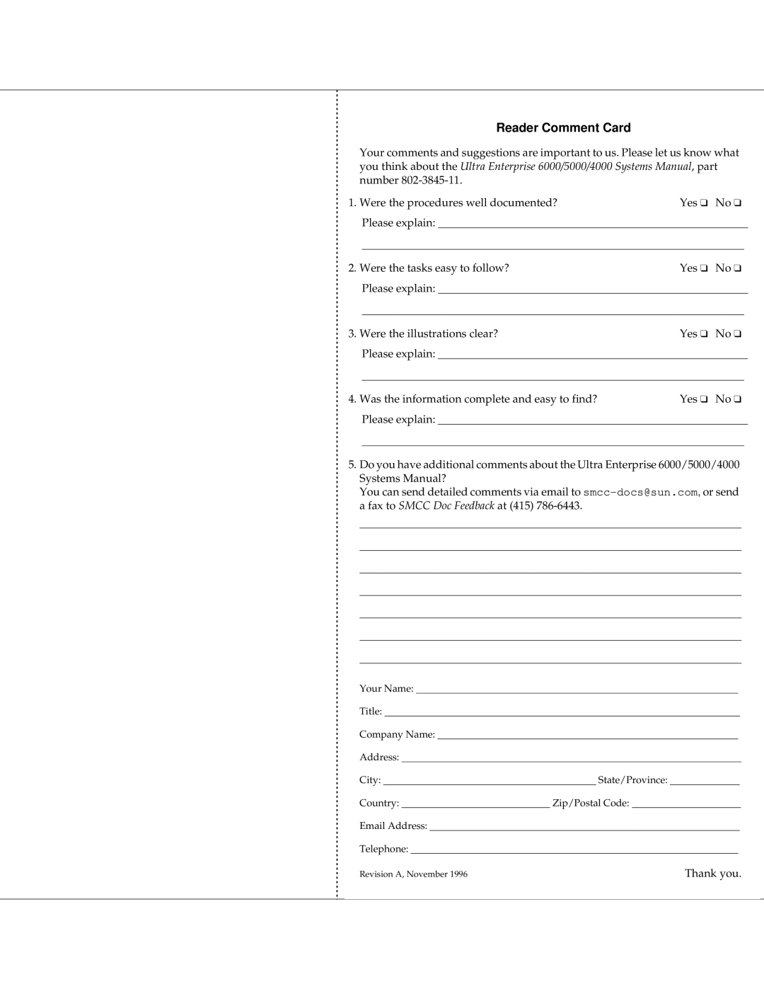 Sun Microsystems 4000, 5000, 6000 manual Reader Comment Card 