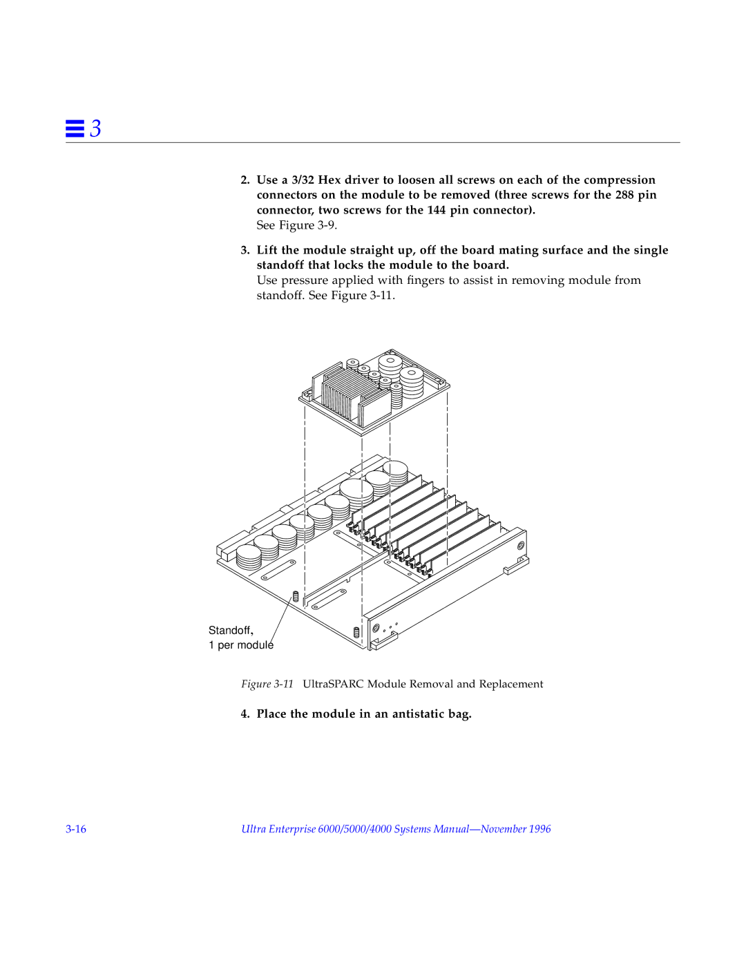 Sun Microsystems 5000, 4000, 6000 manual Place the module in an antistatic bag, 11UltraSPARC Module Removal and Replacement 