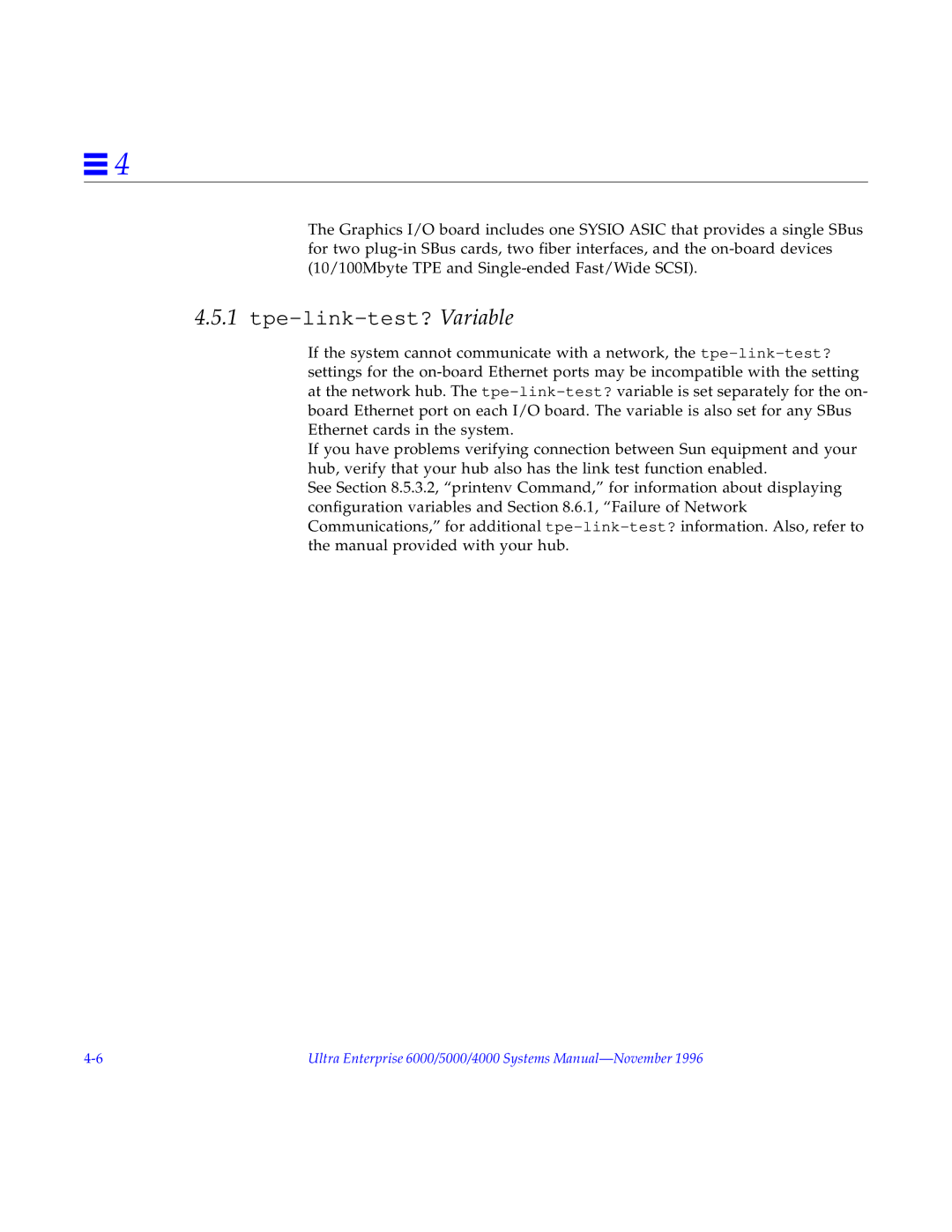 Sun Microsystems 4000, 5000, 6000 manual Tpe-link-test? Variable 