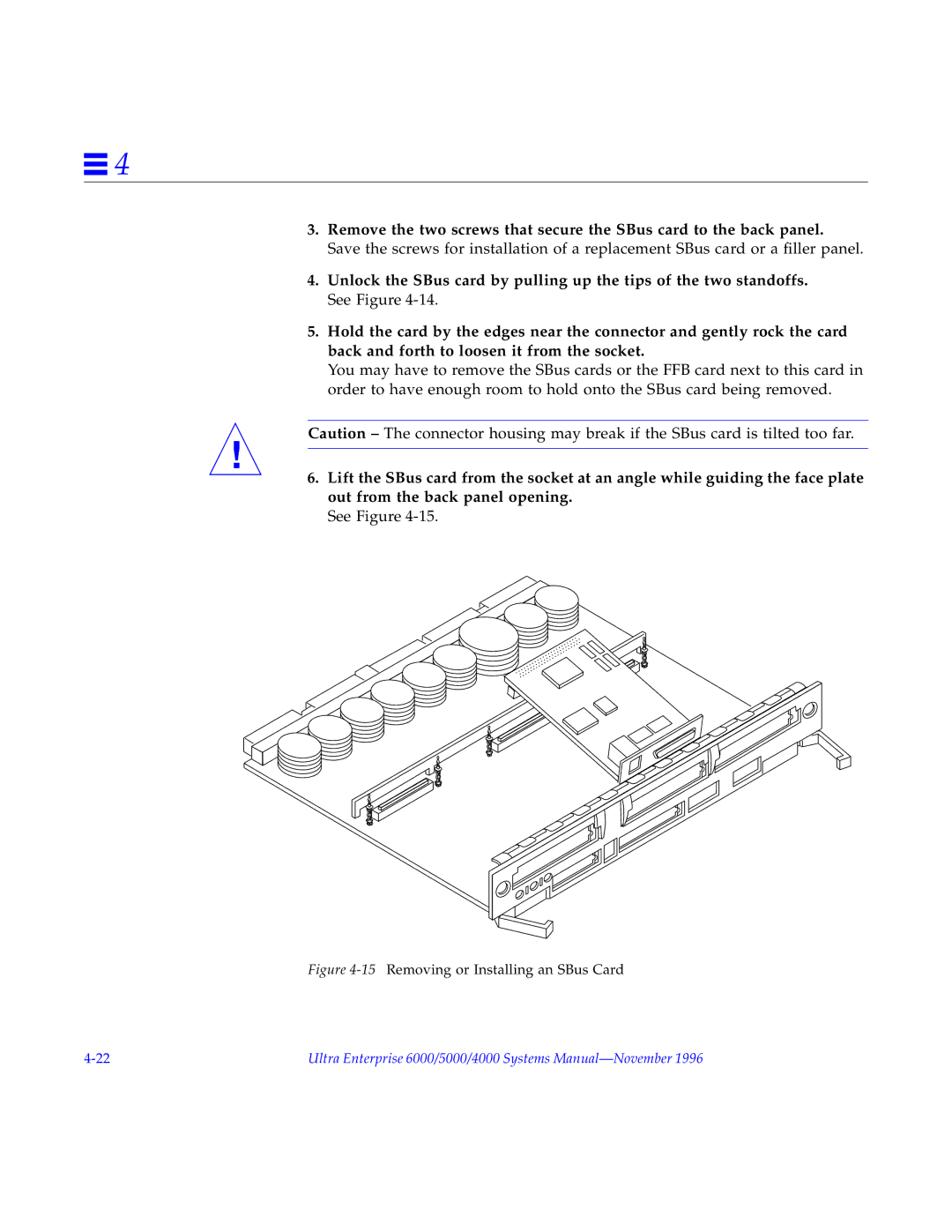 Sun Microsystems 5000, 4000, 6000 manual 15Removing or Installing an SBus Card 