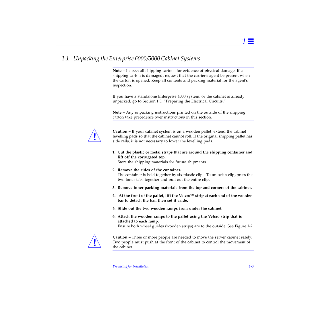 Sun Microsystems 4000 manual Unpacking the Enterprise 6000/5000 Cabinet Systems, Remove the sides of the container 