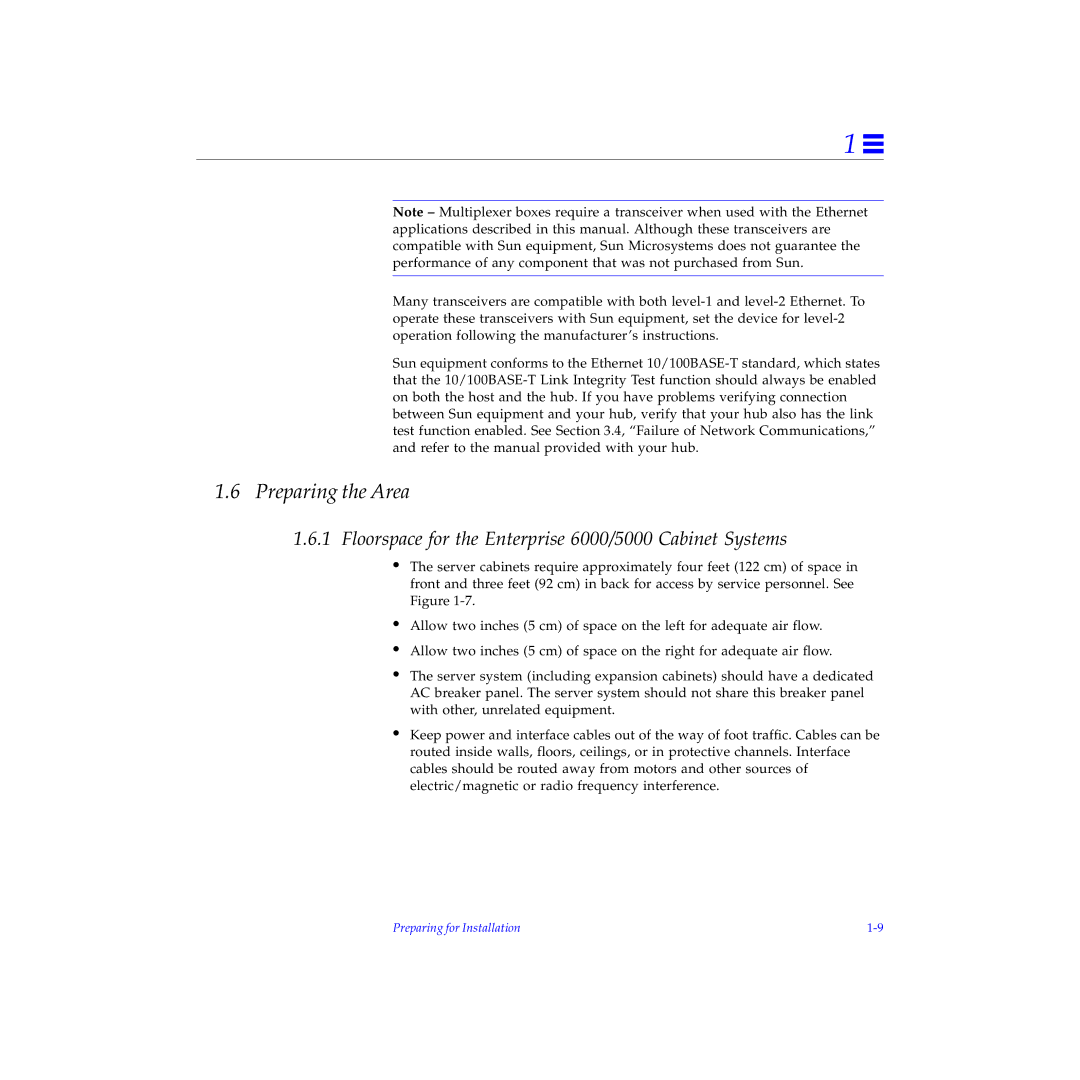 Sun Microsystems 4000 manual Preparing the Area, Floorspace for the Enterprise 6000/5000 Cabinet Systems 