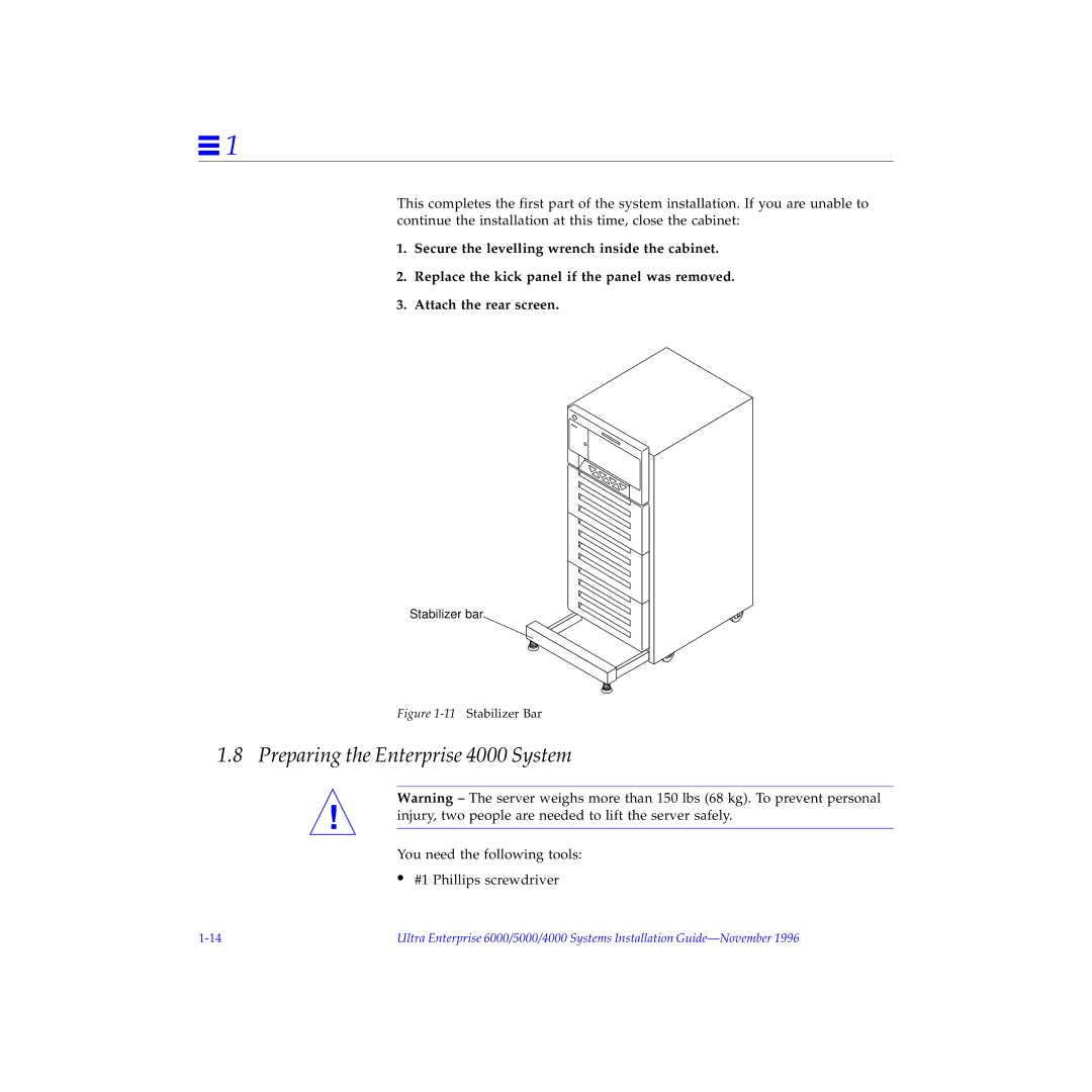 Sun Microsystems 5000, 6000 manual Preparing the Enterprise 4000 System, 11Stabilizer Bar 