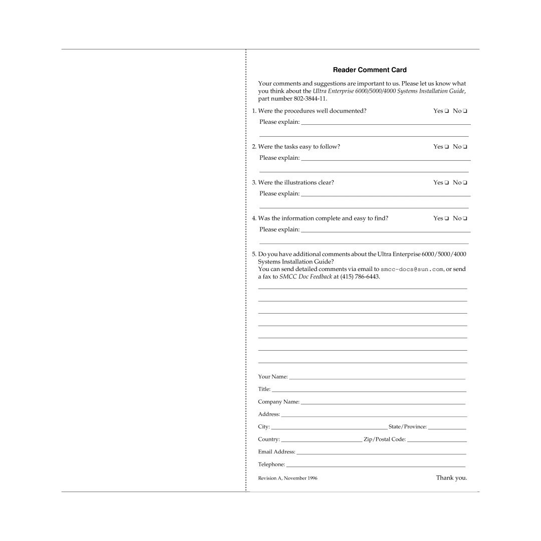 Sun Microsystems 6000, 4000, 5000 manual Reader Comment Card 