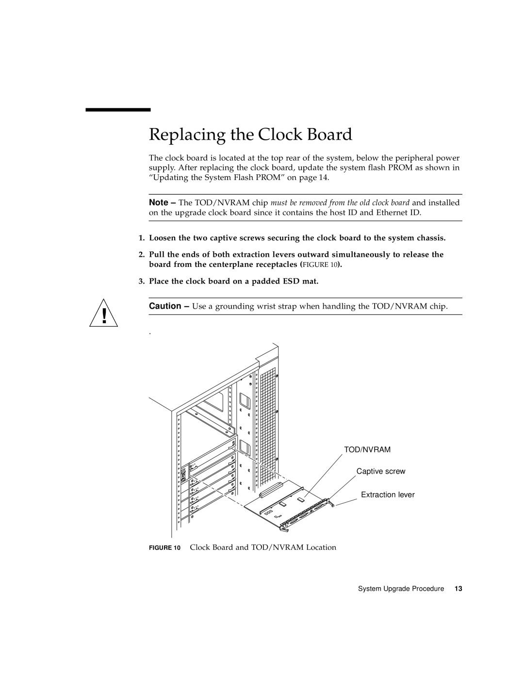 Sun Microsystems 4000 manual Replacing the Clock Board, Clock Board and TOD/NVRAM Location 