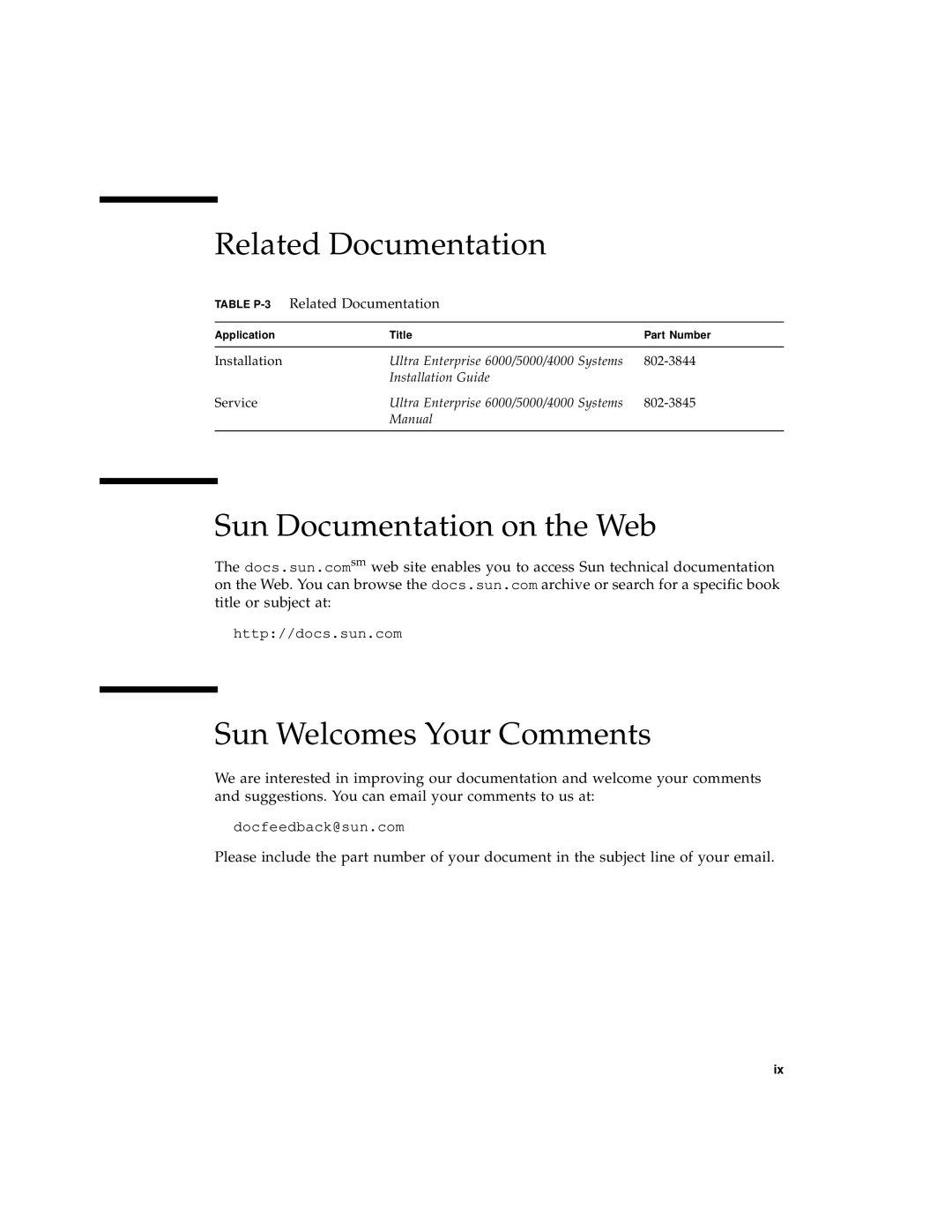 Sun Microsystems 4000 manual Related Documentation, Sun Documentation on the Web, Sun Welcomes Your Comments 