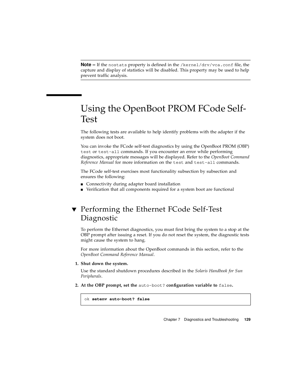 Sun Microsystems 4000 manual Using the OpenBoot Prom FCode Self- Test, Performing the Ethernet FCode Self-Test Diagnostic 