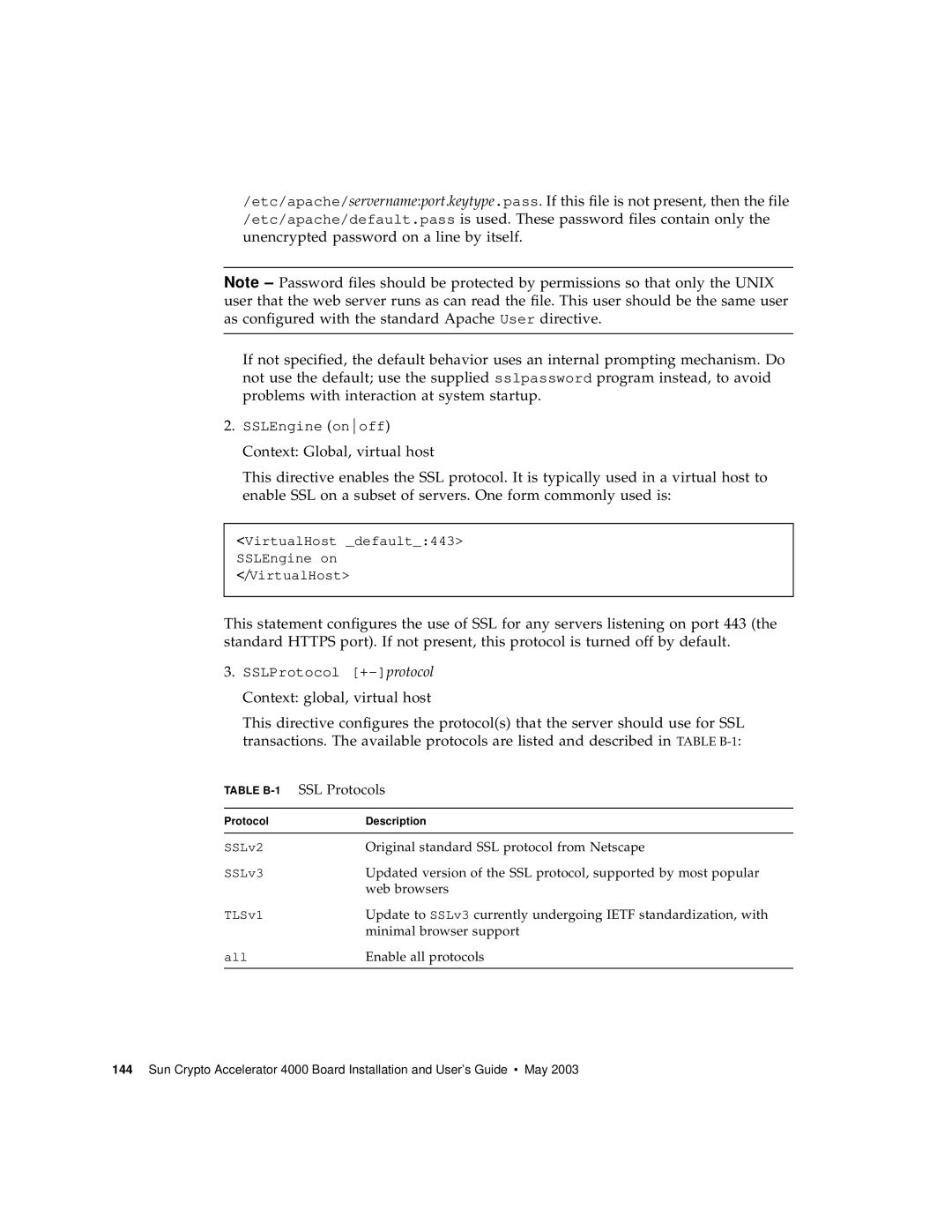 Sun Microsystems 4000 manual Table B-1SSL Protocols 