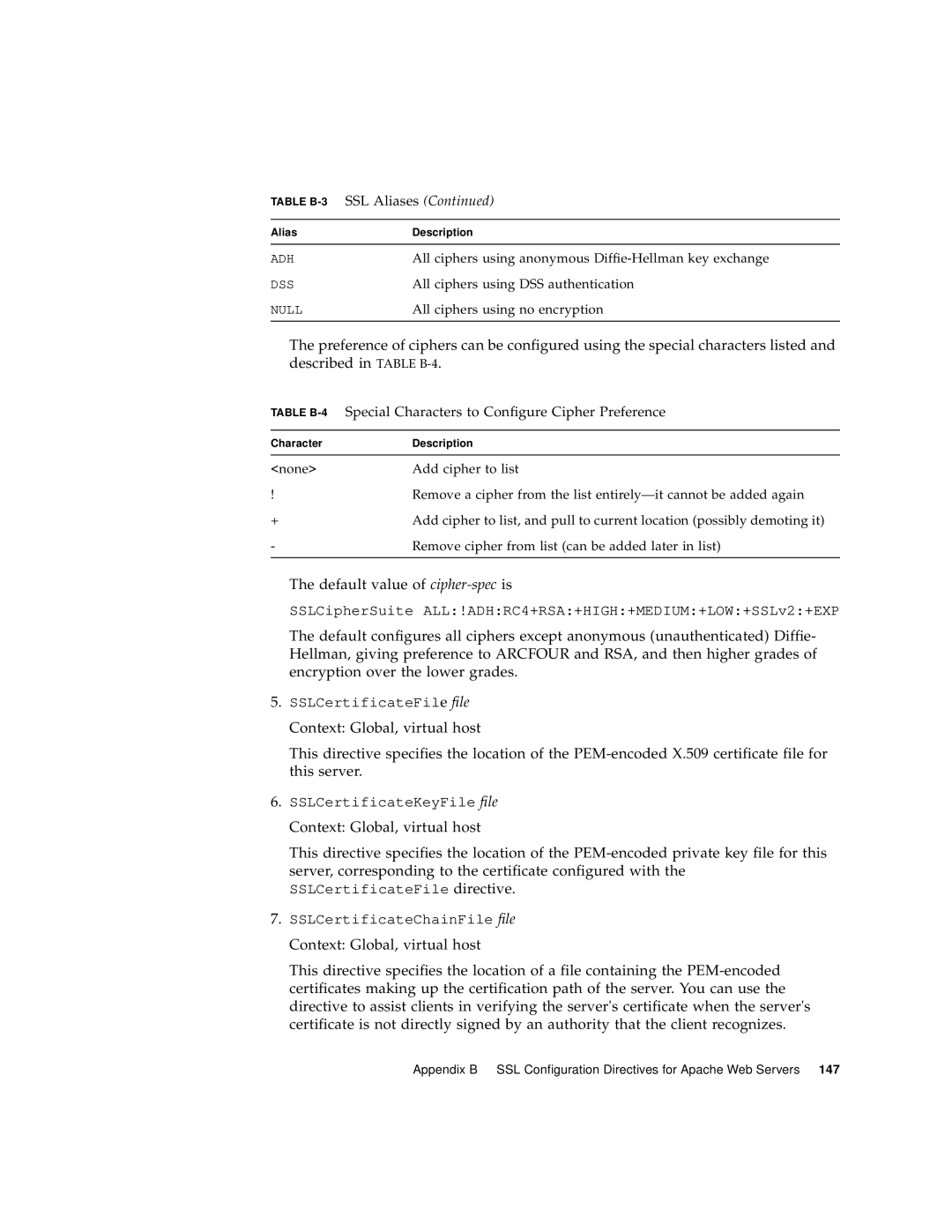 Sun Microsystems 4000 manual Default value of cipher-specis, Table B-3SSL Aliases 