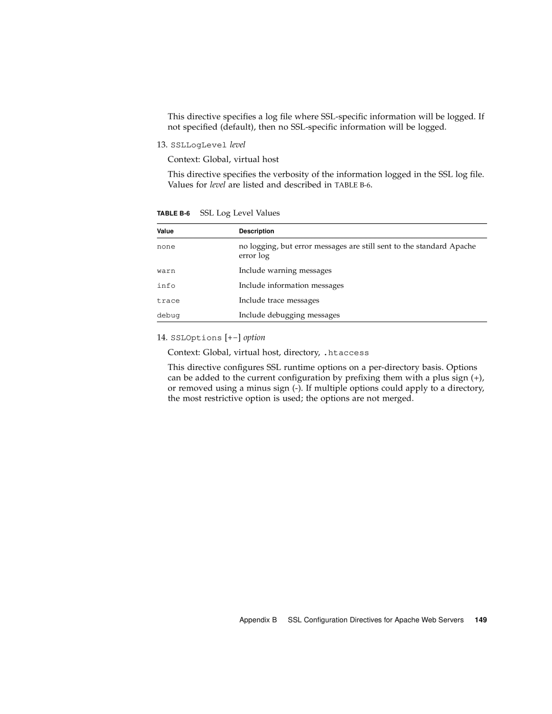 Sun Microsystems 4000 manual Table B-6SSL Log Level Values 