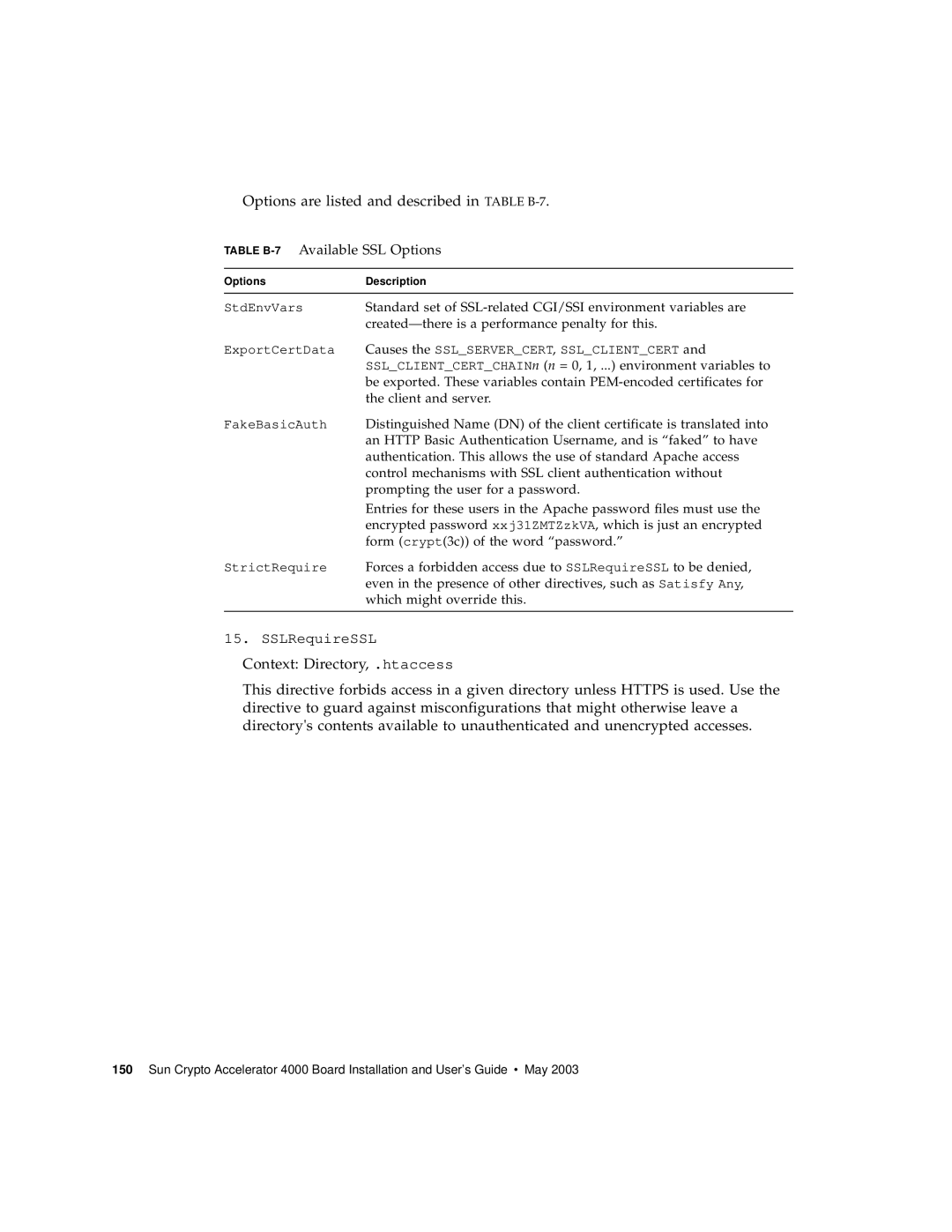 Sun Microsystems 4000 manual Options are listed and described in Table B-7, Table B-7Available SSL Options 