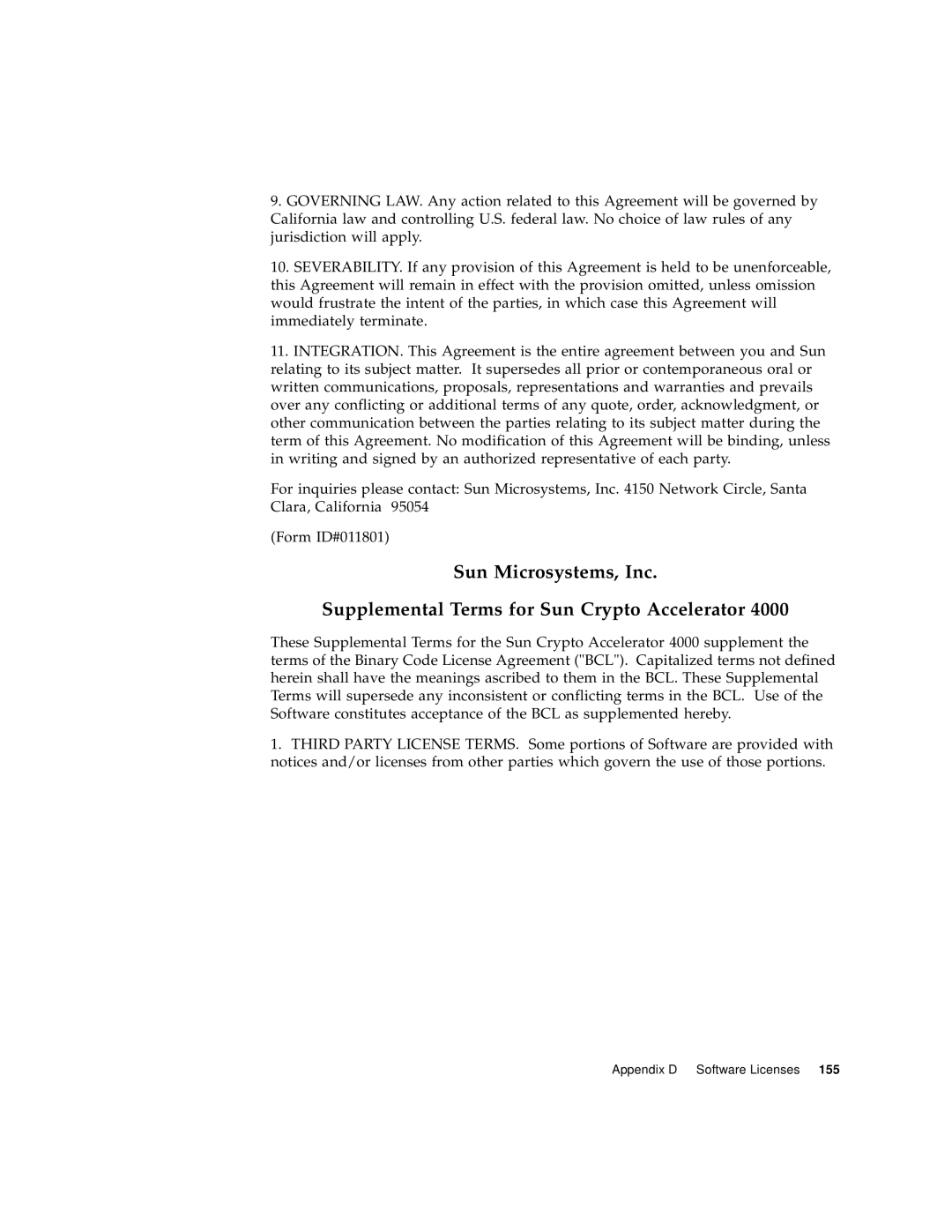 Sun Microsystems 4000 manual Appendix D Software Licenses 