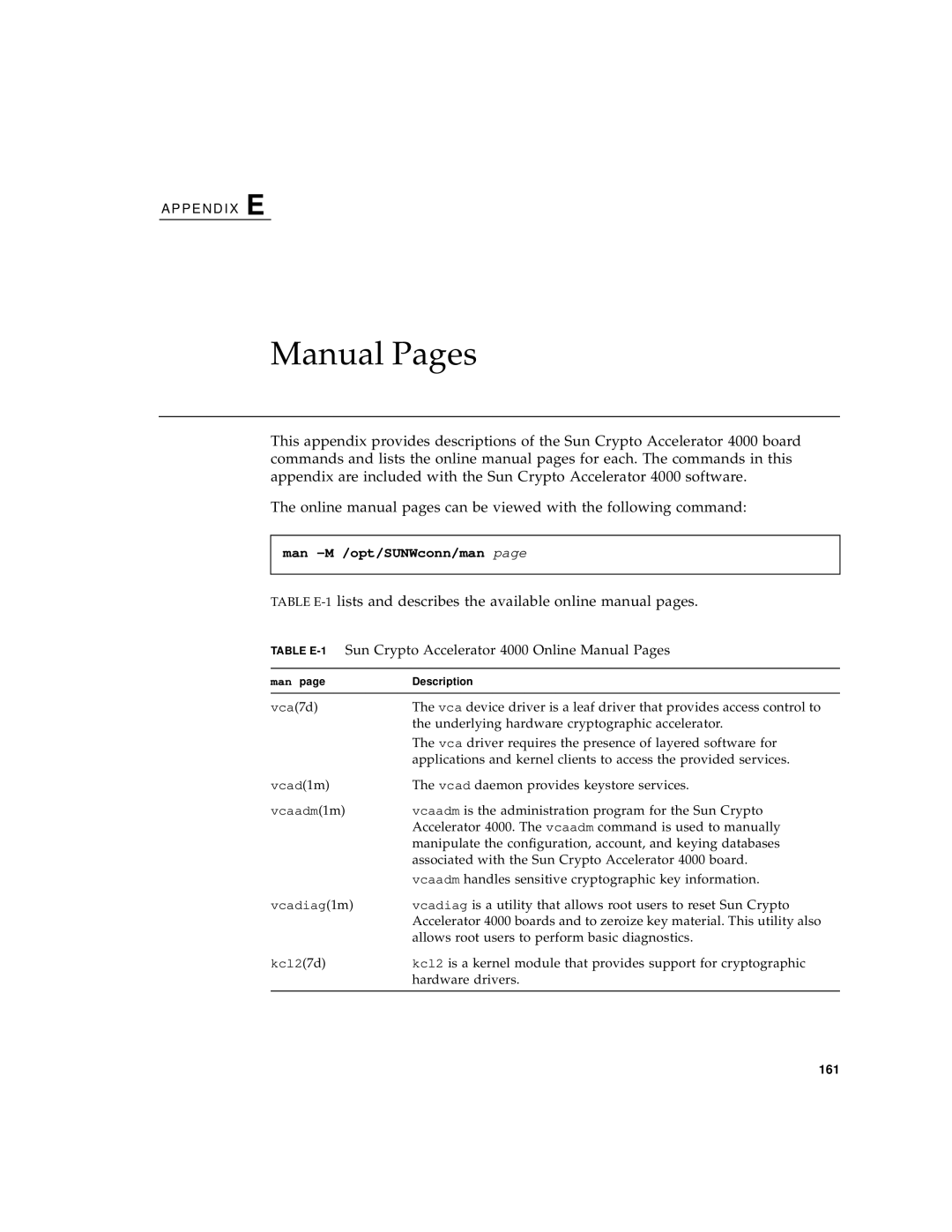 Sun Microsystems manual Man -M /opt/SUNWconn/man, Table E-1Sun Crypto Accelerator 4000 Online Manual Pages 