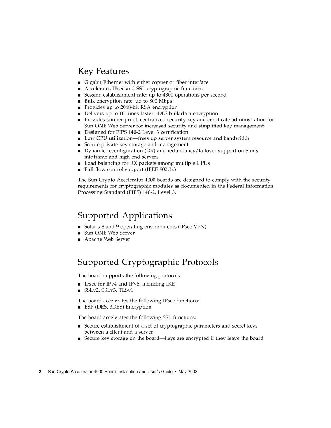 Sun Microsystems 4000 manual Key Features, Supported Applications, Supported Cryptographic Protocols 