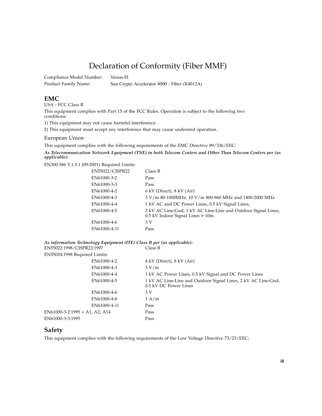 Sun Microsystems manual European Union, Product Family Name Sun Crypto Accelerator 4000 Fiber X4012A 