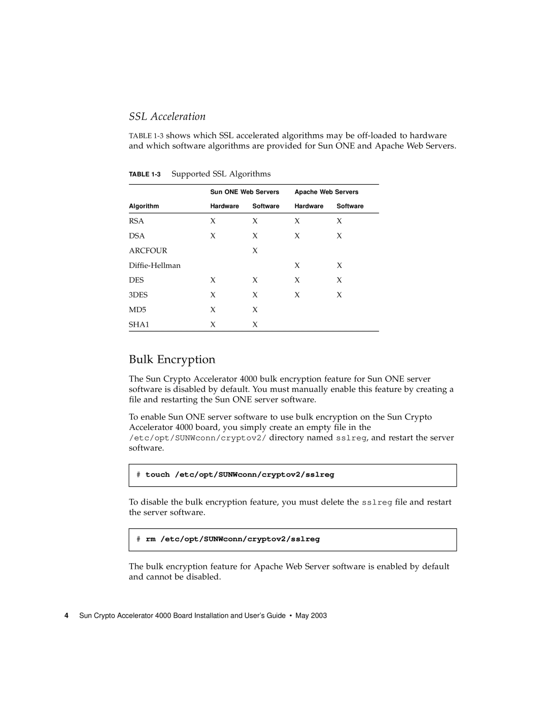 Sun Microsystems 4000 manual Bulk Encryption, 3Supported SSL Algorithms, # touch /etc/opt/SUNWconn/cryptov2/sslreg 