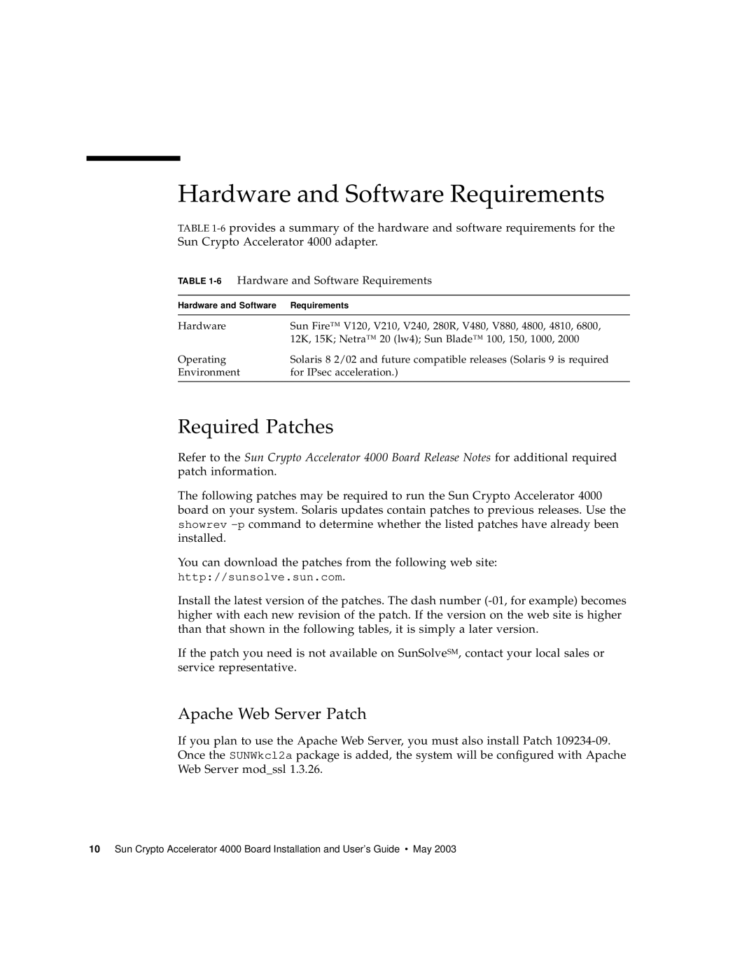 Sun Microsystems 4000 manual Hardware and Software Requirements, Required Patches, Apache Web Server Patch 